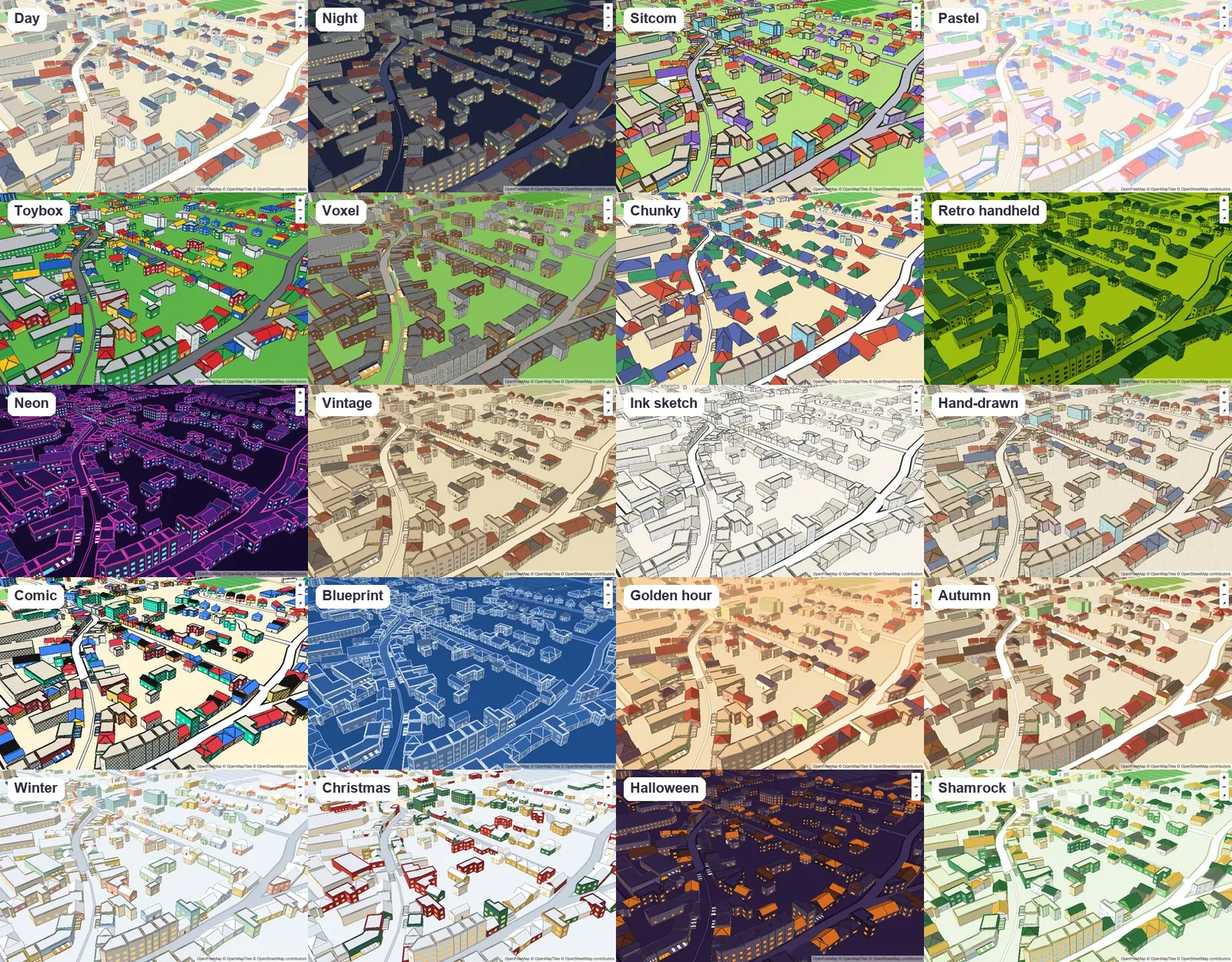 The same street in Tramore drawn in toytown-gl's 20 different map styles